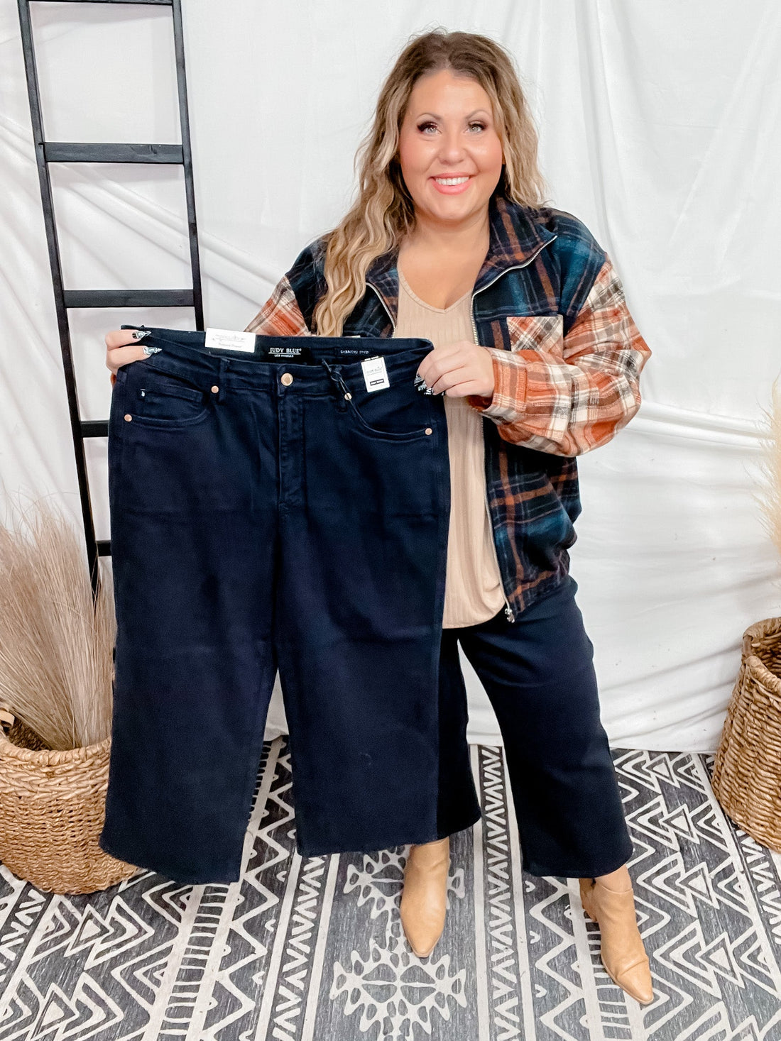 Judy Blue Navy Blue Tummy Control Wide Leg Crop Jeans - Whiskey Skies