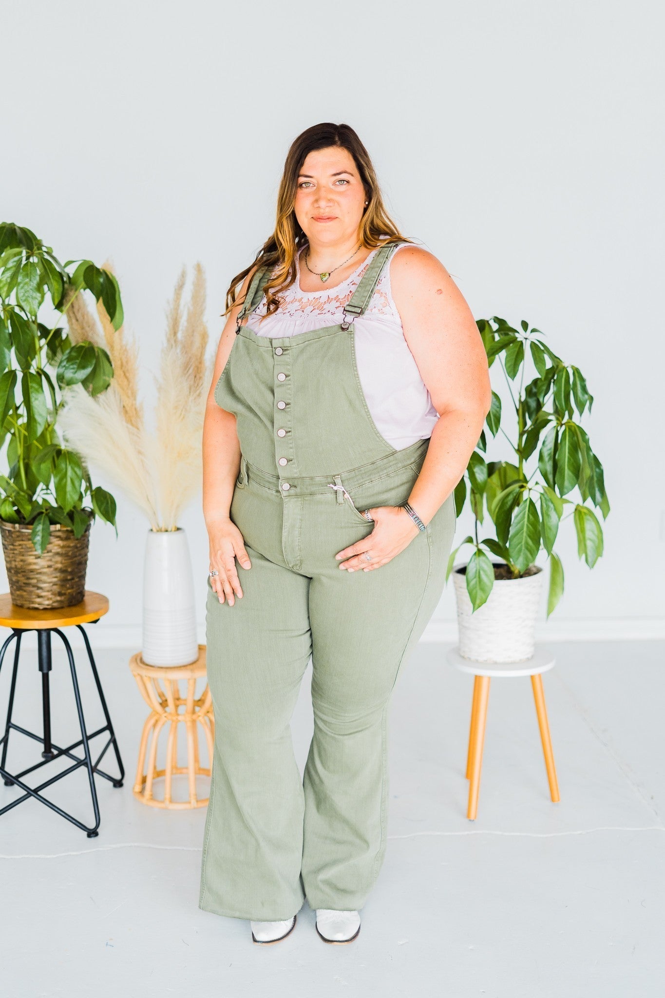Judy Blue Olive HW Control Top Retro Flare Overall - Whiskey Skies