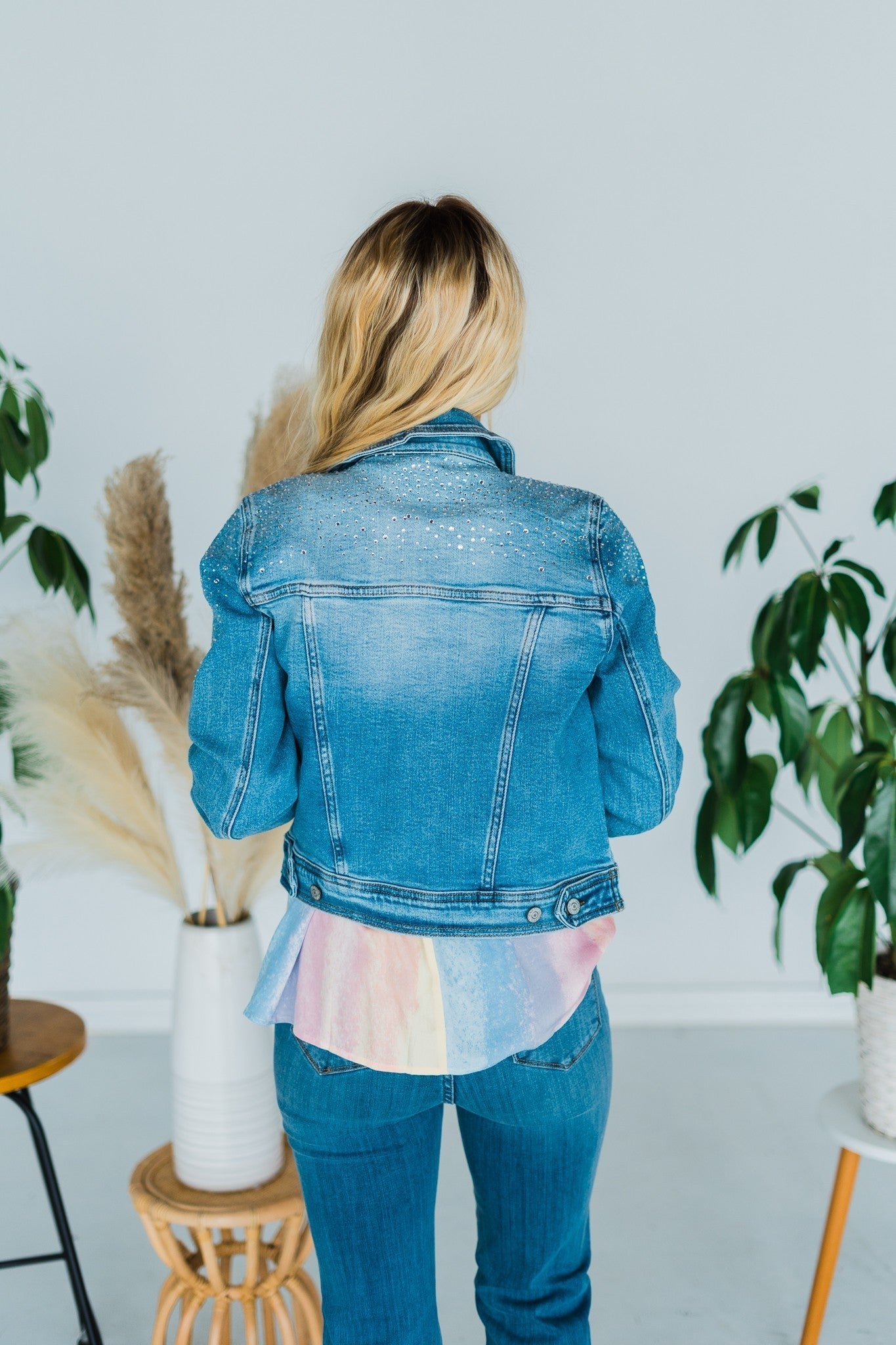 BLOOM BABY FLORAL SEQUIN SHEER DENIM JACKET IN DENIM