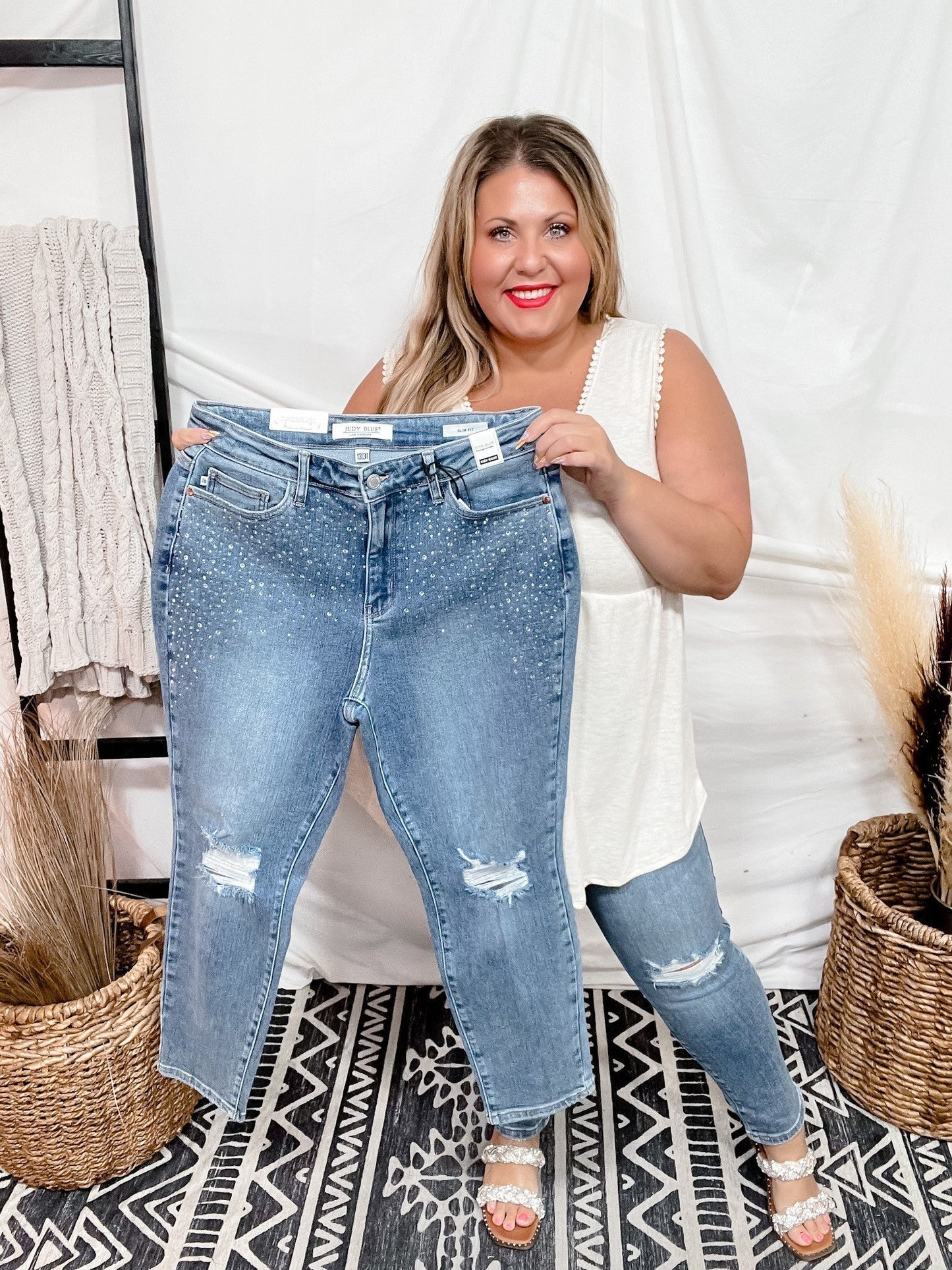 Judy Blue Rhinestone Embellished W/ Destroy Slim Jeans - Whiskey Skies