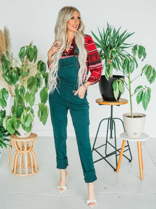 Judy Blue Teal Double Cuffed Boyfriend Overalls - Whiskey Skies
