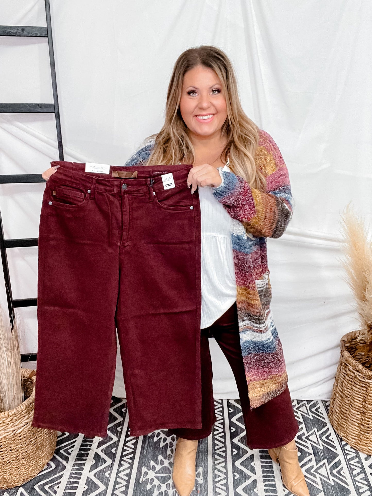 Judy Blue Tummy Control Cropped Wide Leg Jeans Oxblood - Whiskey Skies