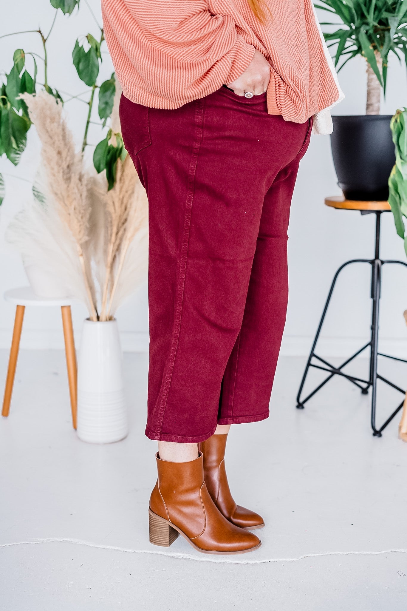 Judy Blue Tummy Control Cropped Wide Leg Jeans Oxblood - Whiskey Skies