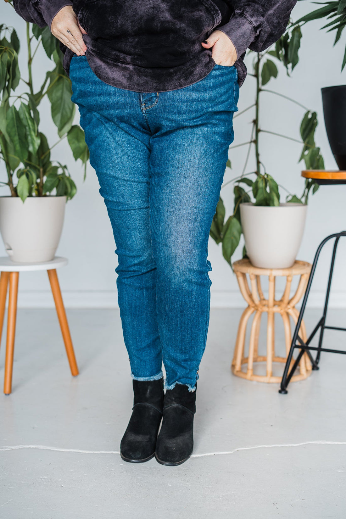 Judy Blue Tummy Control Skinny Jeans with Frayed and Slit Hem - Whiskey Skies