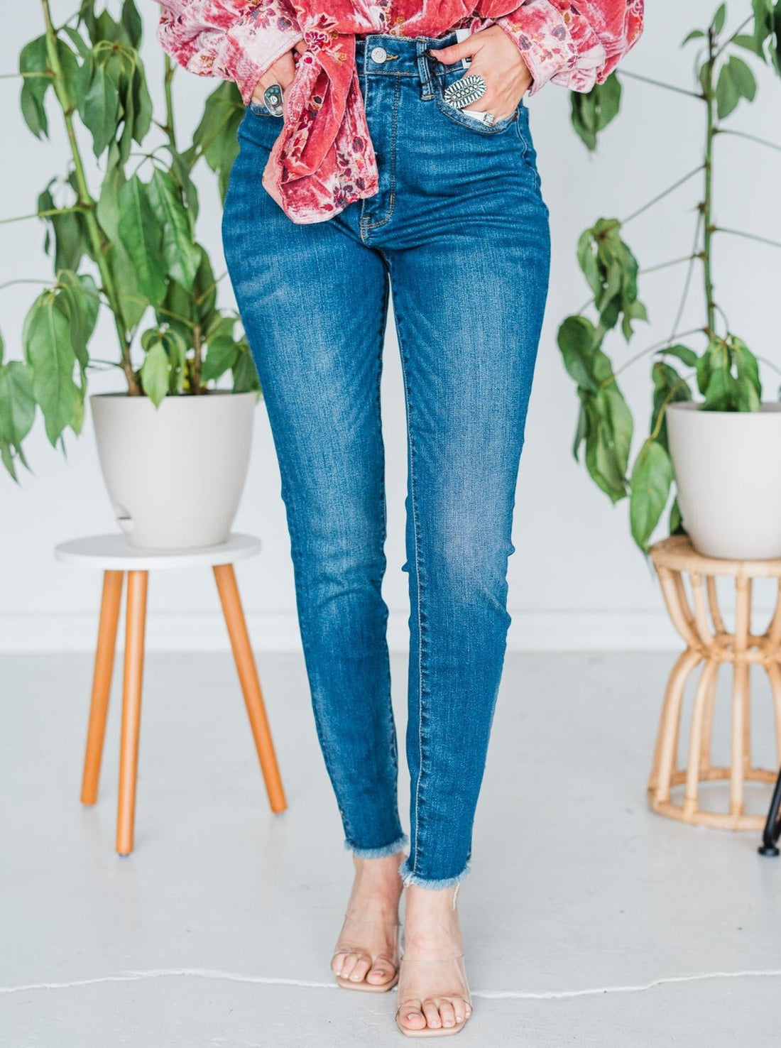 Judy Blue Tummy Control Skinny Jeans with Frayed and Slit Hem - Whiskey Skies