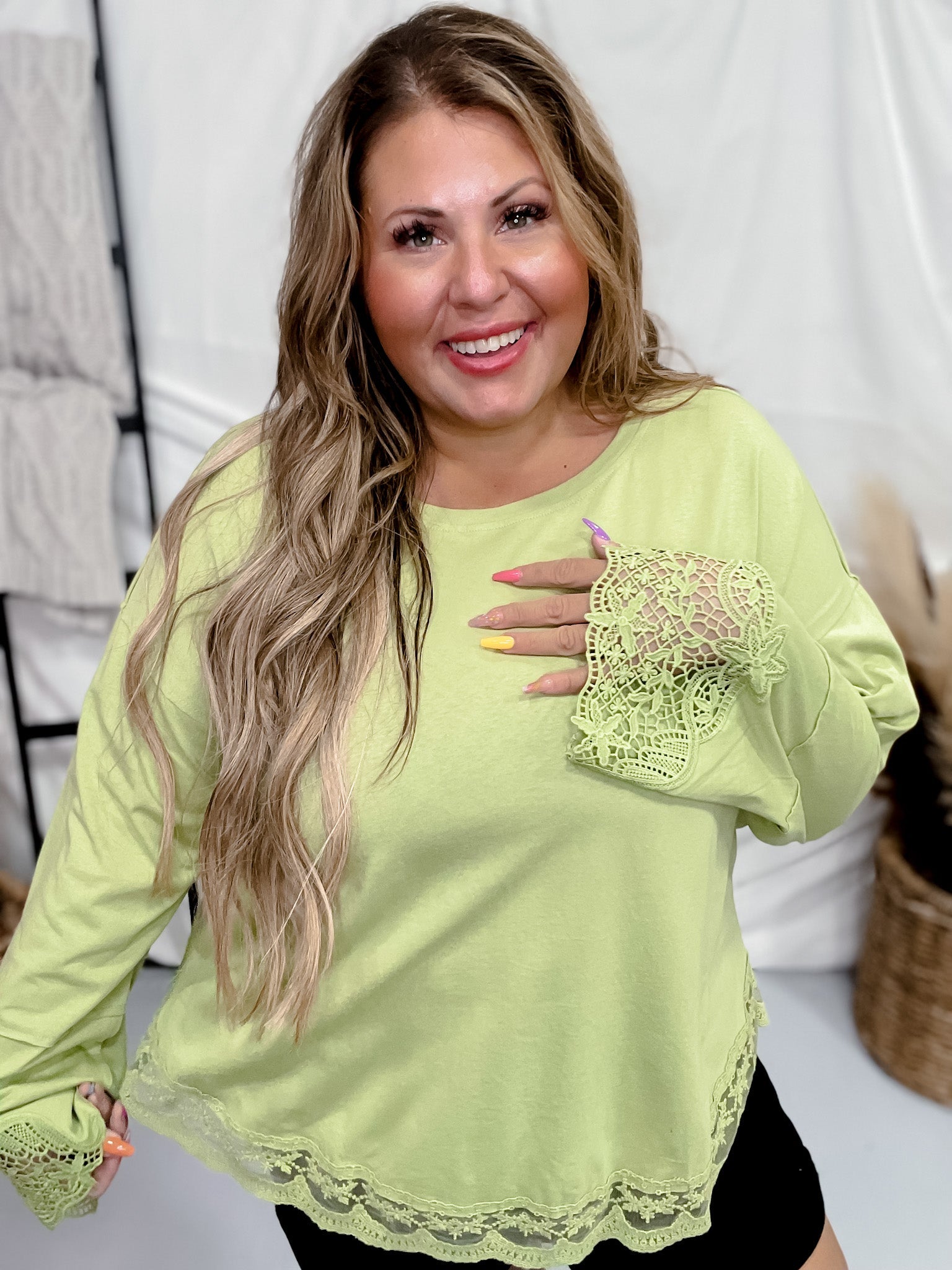 Lace Detailed Long Sleeve Sage Green Top - Whiskey Skies