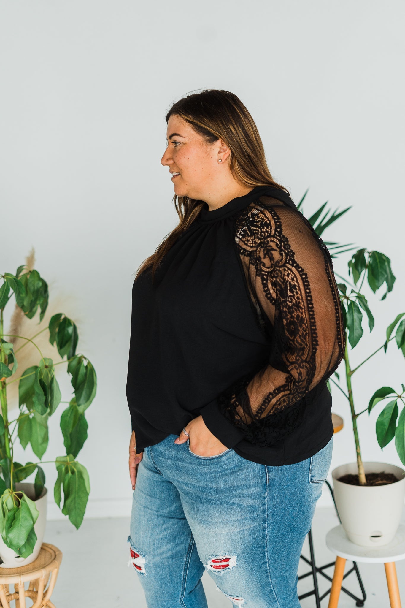 Lace Sleeve Black Blouse - Whiskey Skies