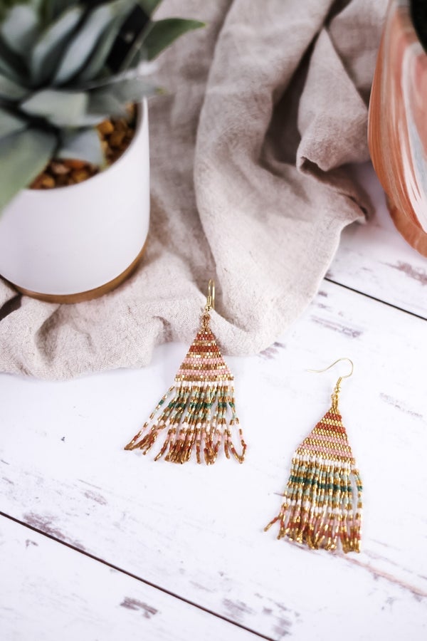 Lexie Horizontal Gold Lines Beaded Fringe Earrings Desert - Whiskey Skies