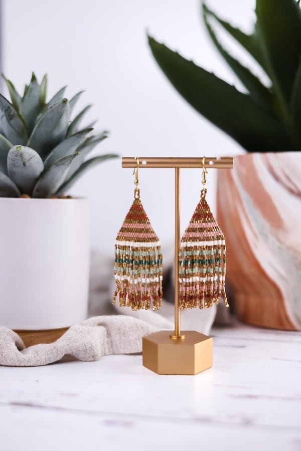 Lexie Horizontal Gold Lines Beaded Fringe Earrings Desert - Whiskey Skies