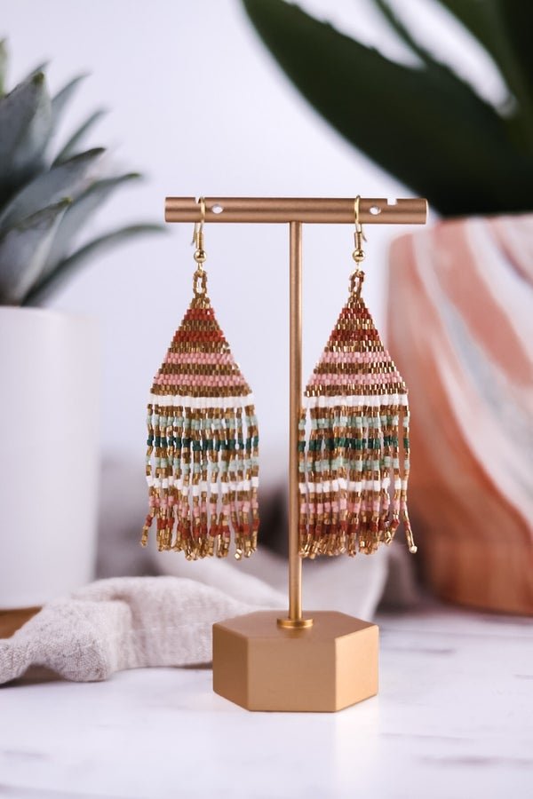 Lexie Horizontal Gold Lines Beaded Fringe Earrings Desert - Whiskey Skies