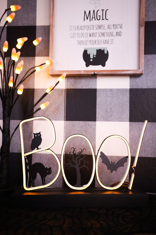 Light Up Metal & Wood Boo Sign - Whiskey Skies