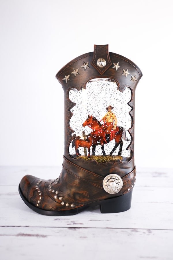 LIghted Cowboy Boot Water Globe - Whiskey Skies
