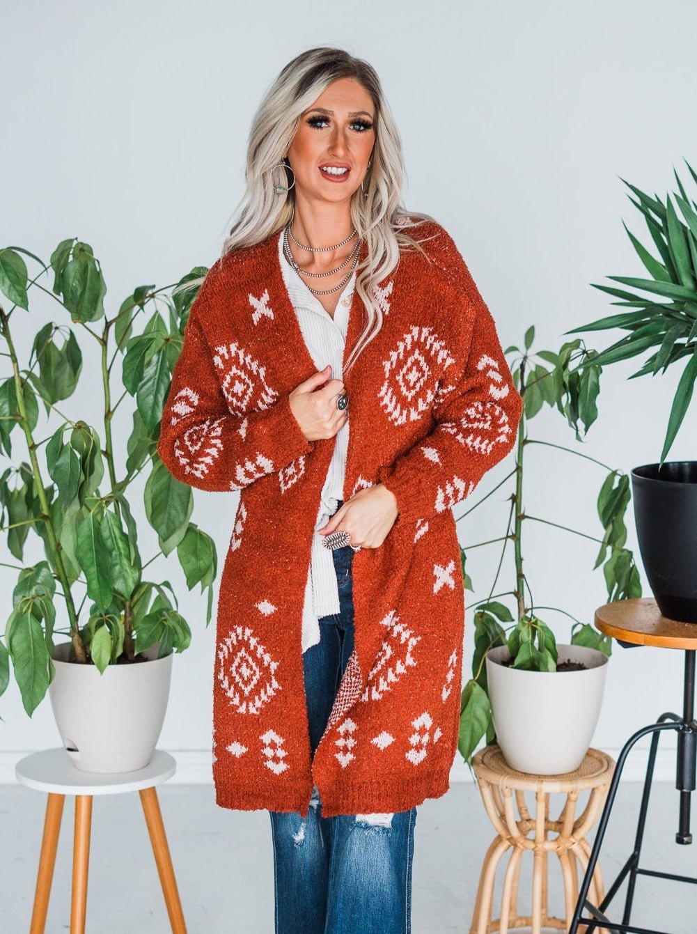 Long Aztec Print Open Cardigan - Whiskey Skies