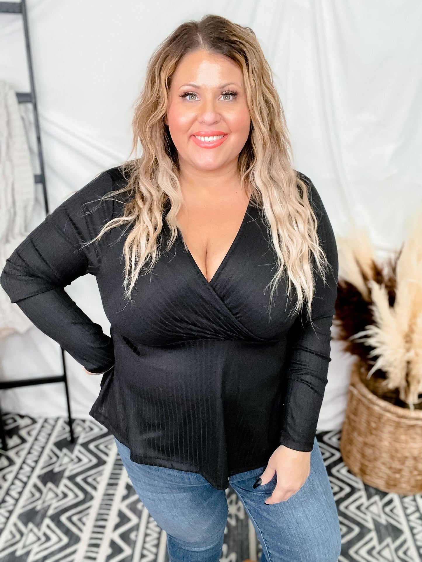 Long Sleeve Black Surplice Top - Whiskey Skies