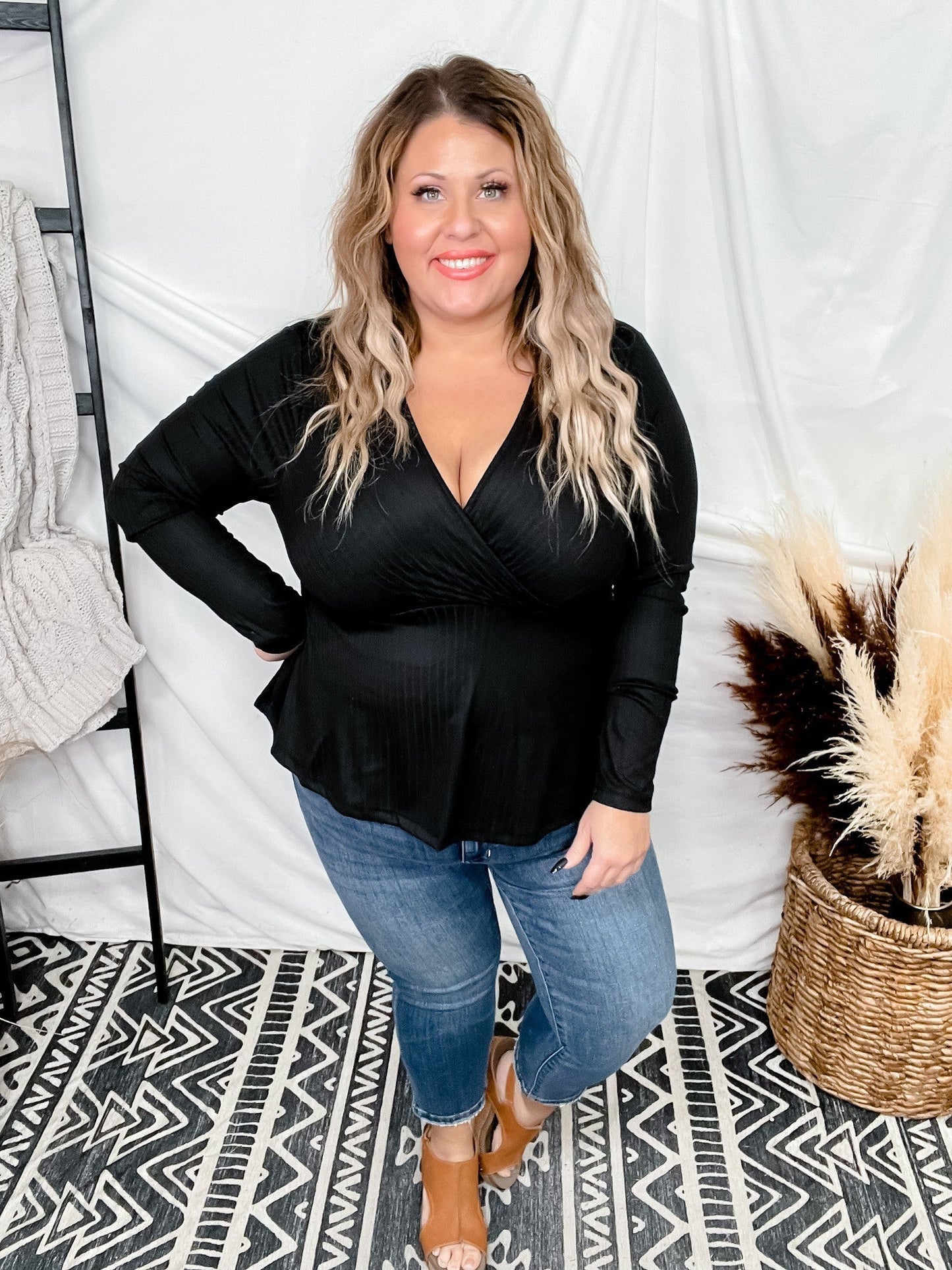 Long Sleeve Black Surplice Top - Whiskey Skies
