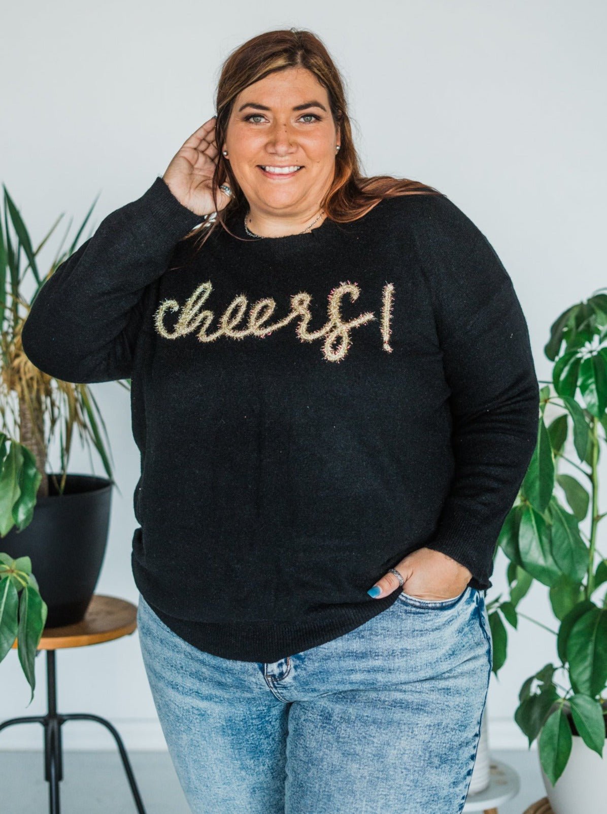 Long Sleeve "Cheers" Black and Gold Pullover Sweater - Whiskey Skies
