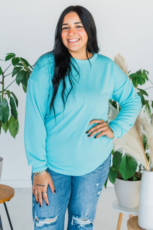 Long Sleeve Mint Colored Ribbed Top - Whiskey Skies