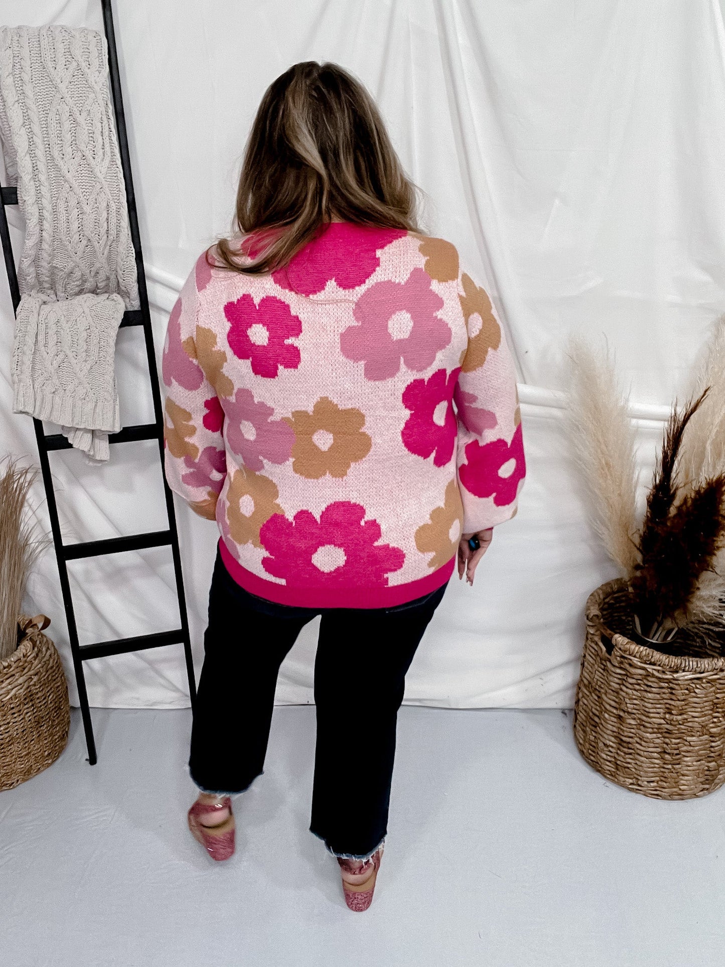 Long Sleeve Multi Colored Daisy Pattern Sweater - Whiskey Skies