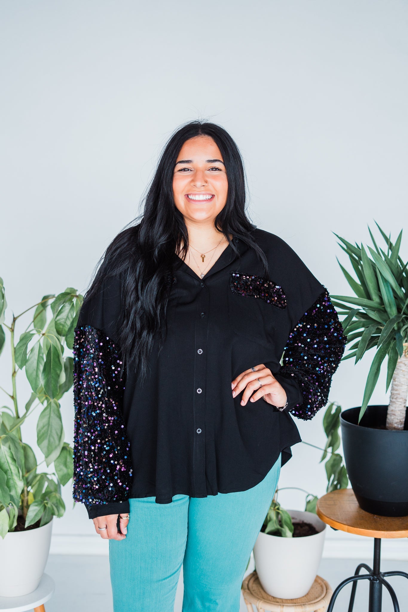 Long Sleeve Sequin Button Up Shirt - Whiskey Skies
