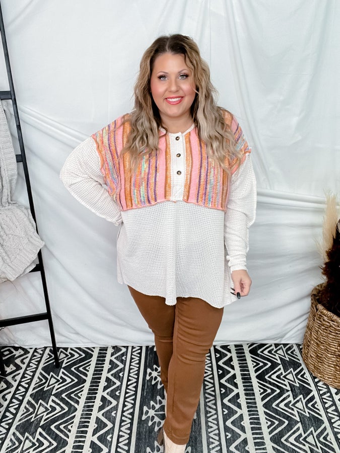 Long Sleeve Waffle Textured Top With Stripe - Whiskey Skies