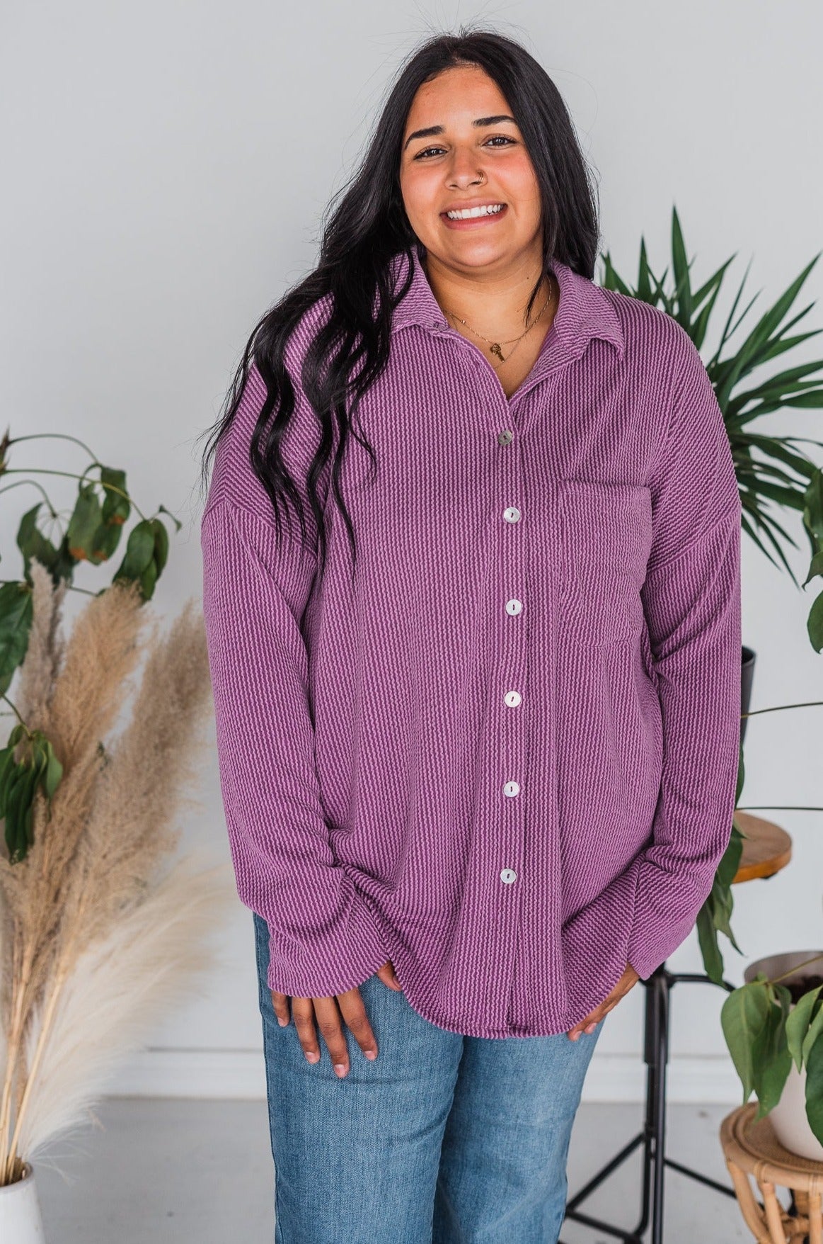 Magenta Long Sleeve Corded Button Down Shirt - Whiskey Skies