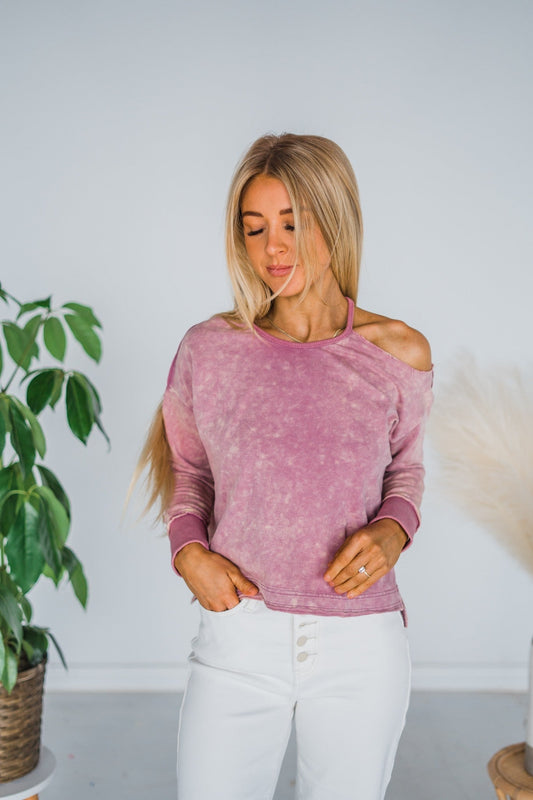 Mauve Cold Shoulder Mineral Wash Top - Whiskey Skies