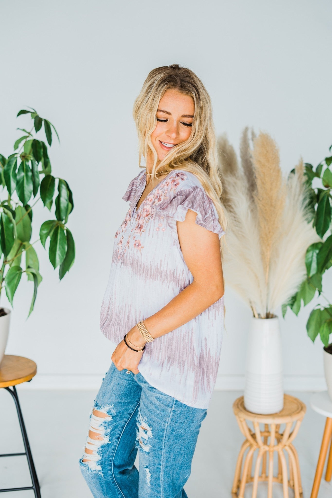 Mauve Embroidered Flutter Sleeve Top - Whiskey Skies