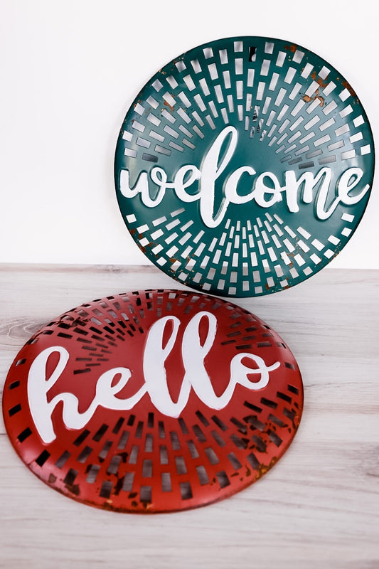 Metal Coral/Teal Hello/Welcome Signs (2 Styles) - Whiskey Skies