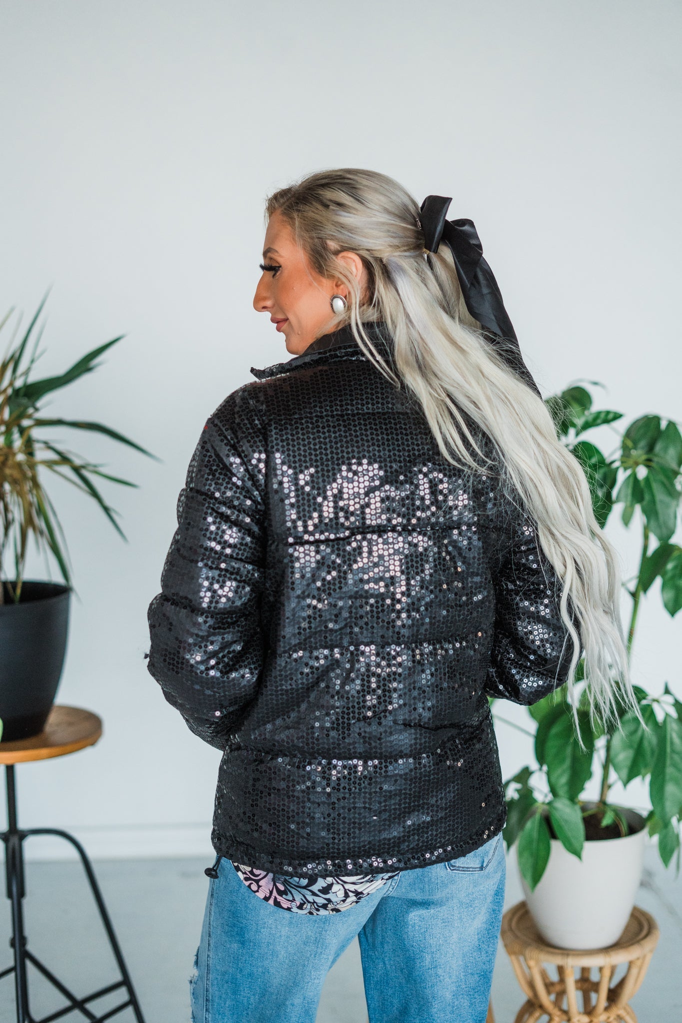 Midnight Trails Sequin Puffer in Black - Whiskey Skies