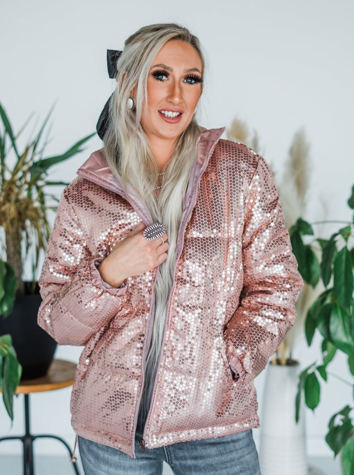 Midnight Trails Sequin Puffer in Rose Gold - Whiskey Skies