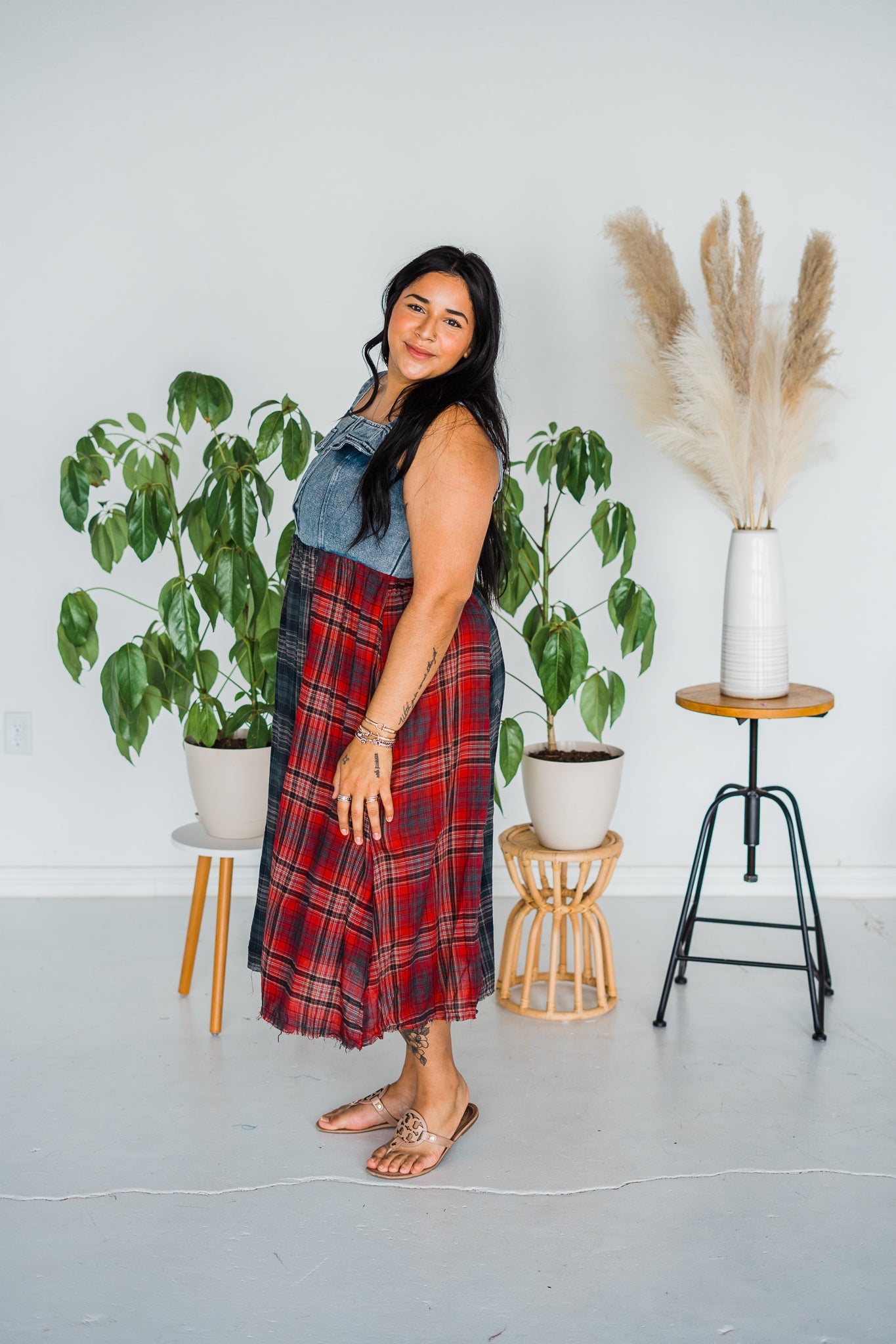 Mixed Plaid and Denim Maxi Dress - Whiskey Skies