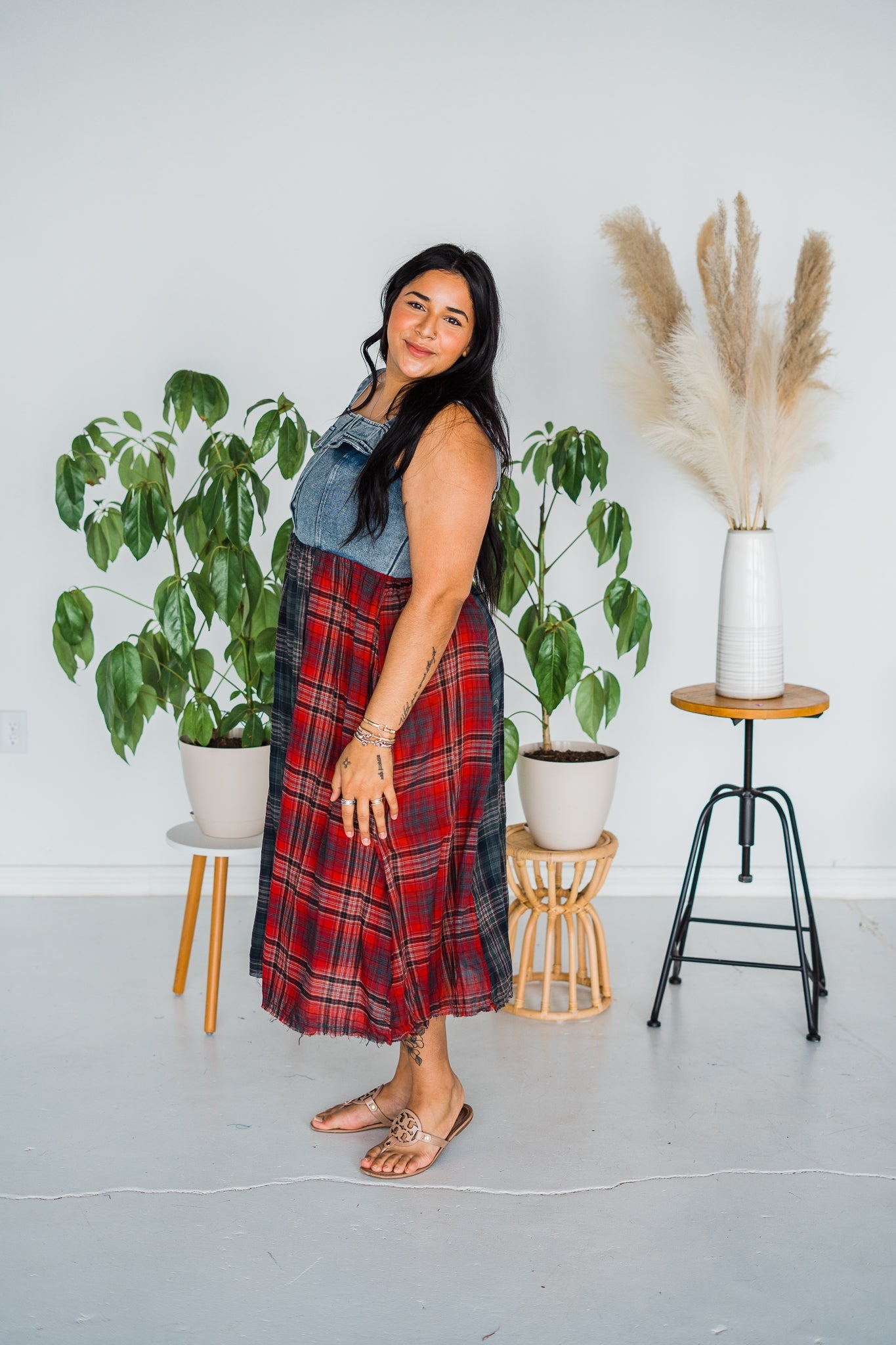 Mixed Plaid and Denim Maxi Dress - Whiskey Skies