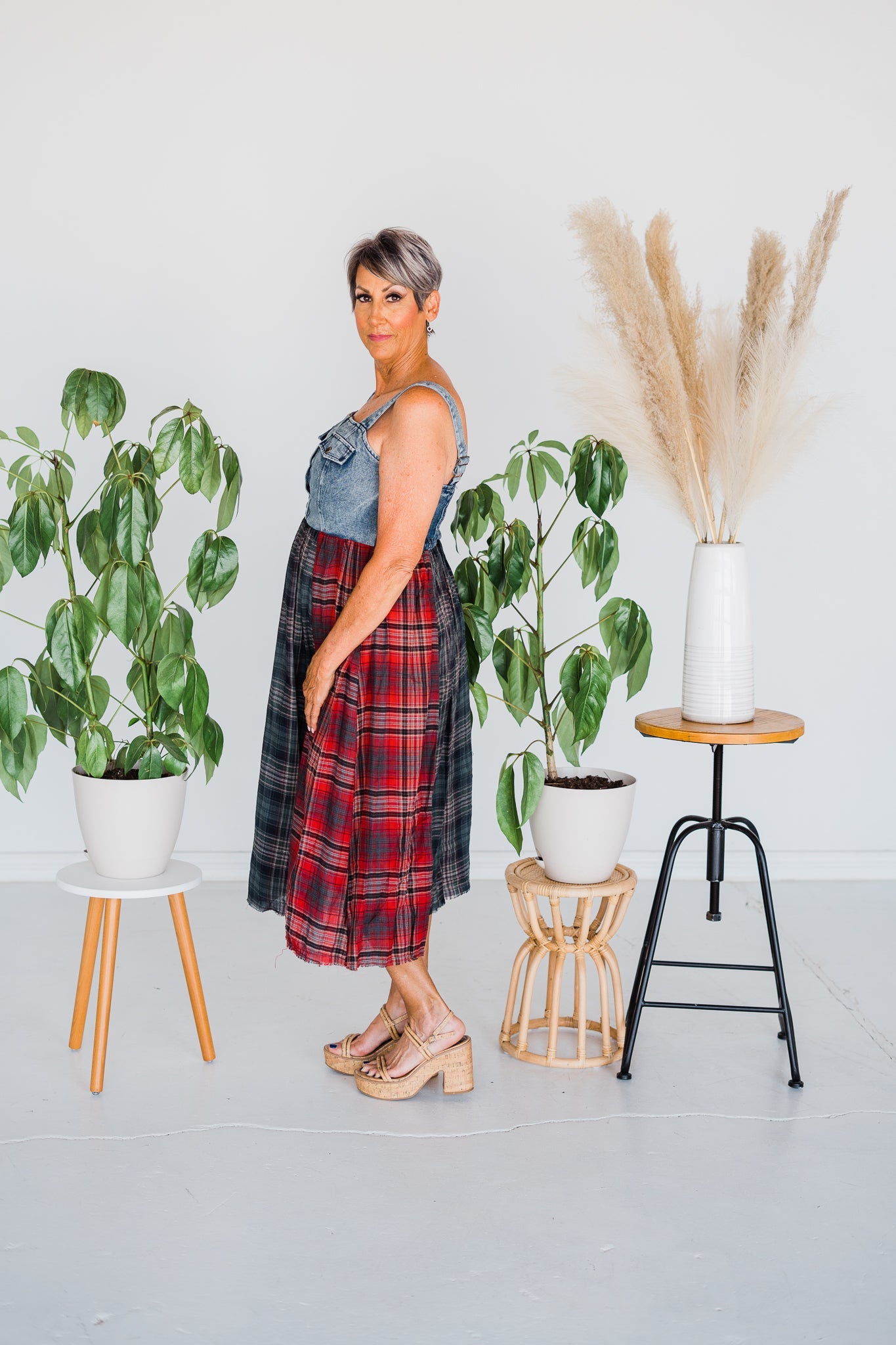 Mixed Plaid and Denim Maxi Dress - Whiskey Skies