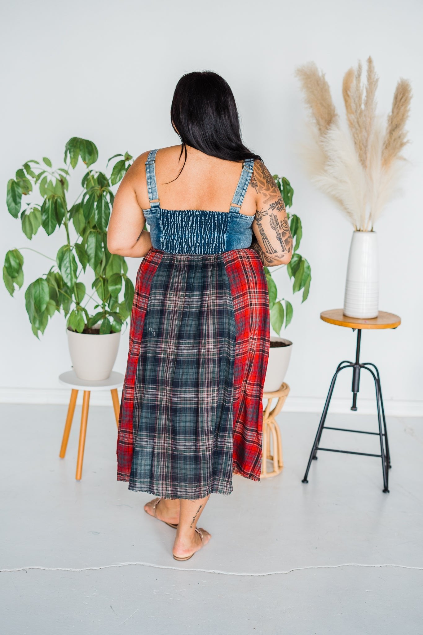 Mixed Plaid and Denim Maxi Dress - Whiskey Skies