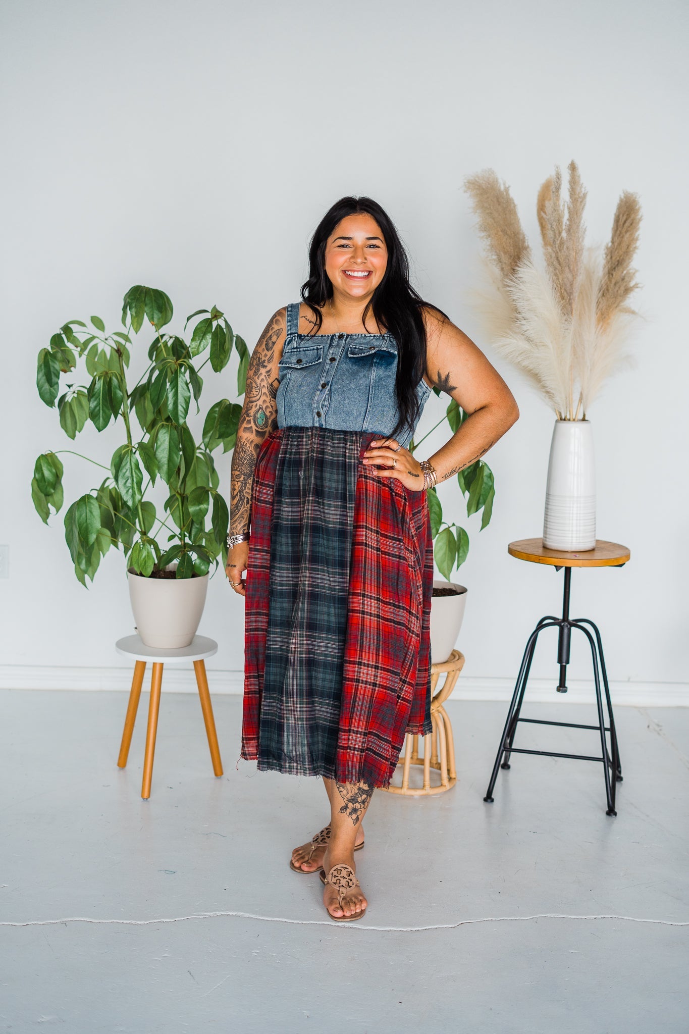 Mixed Plaid and Denim Maxi Dress - Whiskey Skies