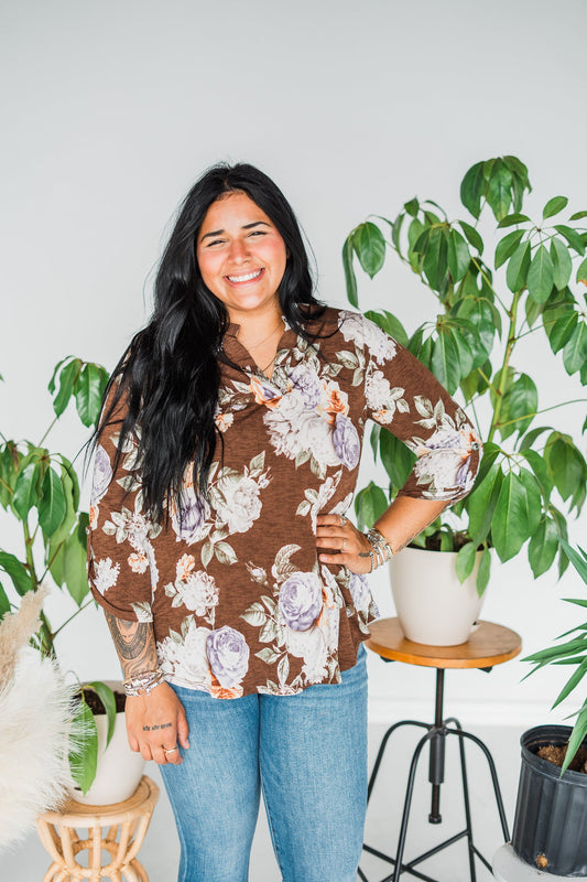 Mocha 3/4 Sleeve Lizzy V-Neck Top - Whiskey Skies