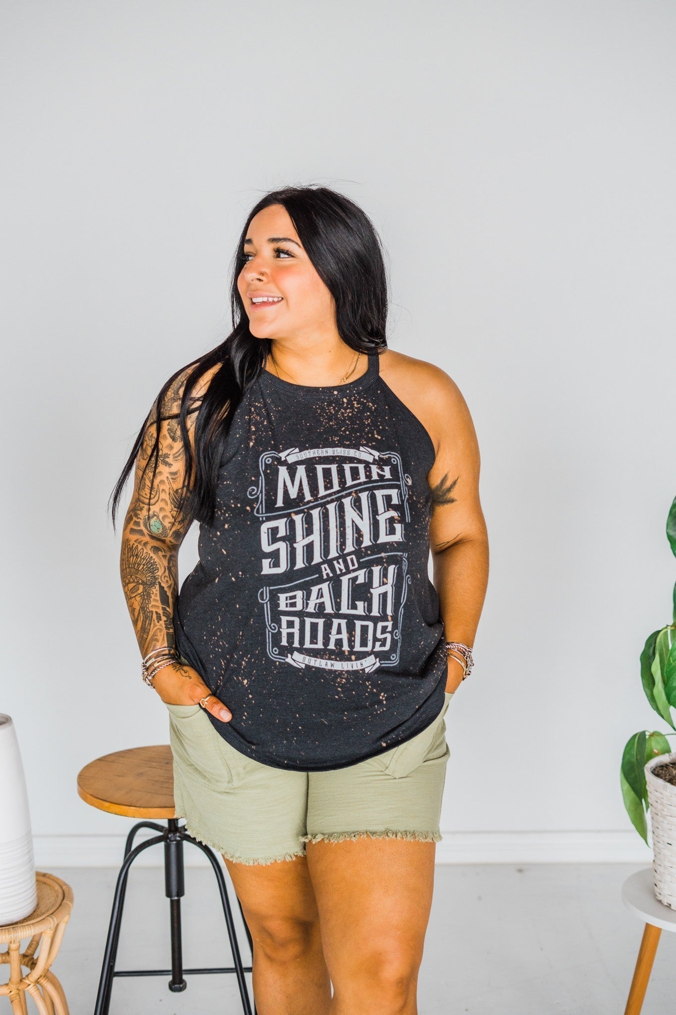 Moonshine And Backroads Bleached Tank - Whiskey Skies