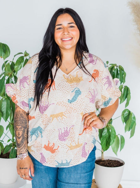 Multi Color Leopard Ruffle Sleeve Top