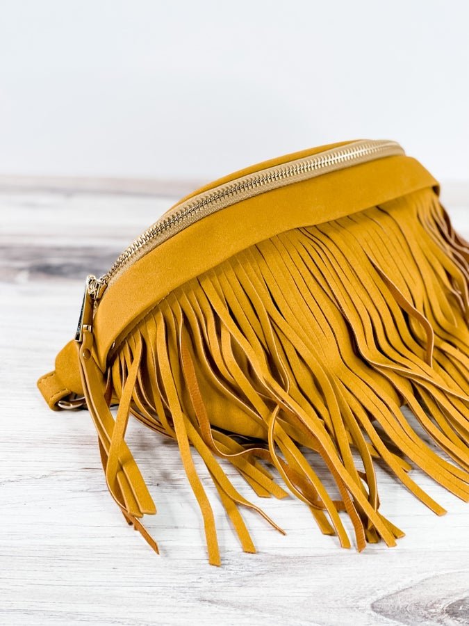 Mustard Suede Removable Fringe Bum Bag Whiskey Skies
