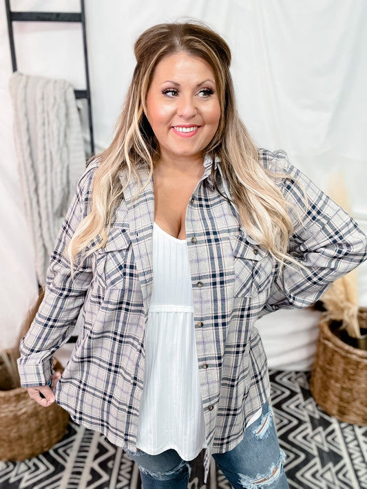 Navy Cream Plaid Button Down With Detachable Hood - Whiskey Skies
