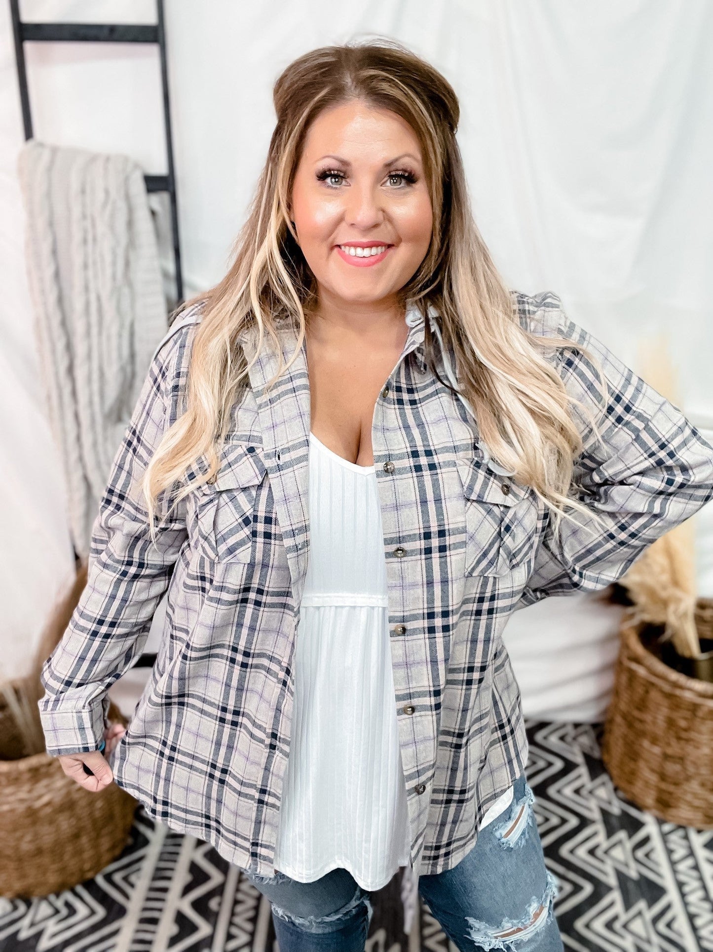 Navy Cream Plaid Button Down With Detachable Hood - Whiskey Skies