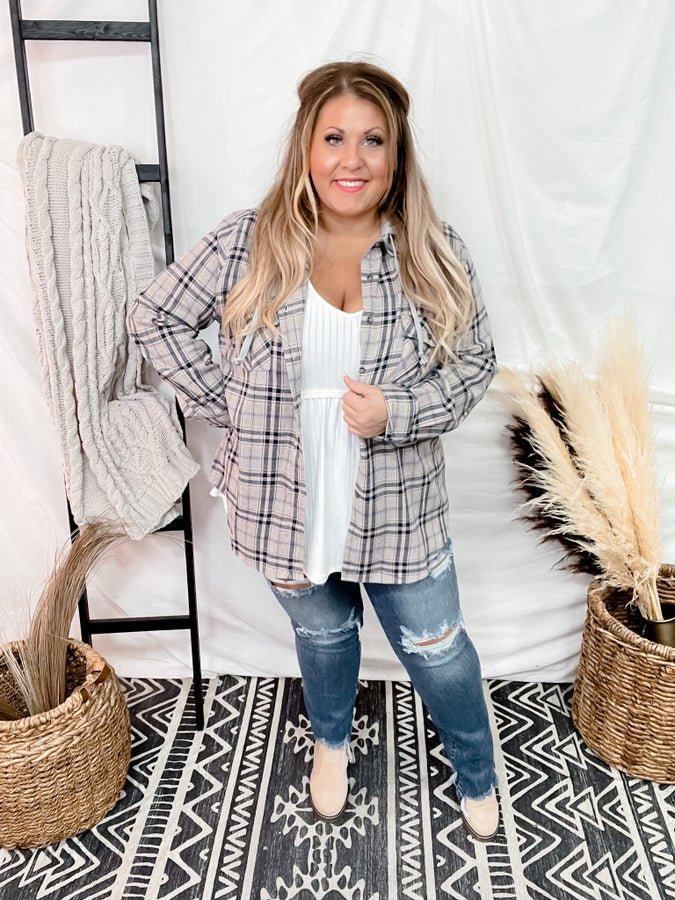 Navy Cream Plaid Button Down With Detachable Hood - Whiskey Skies