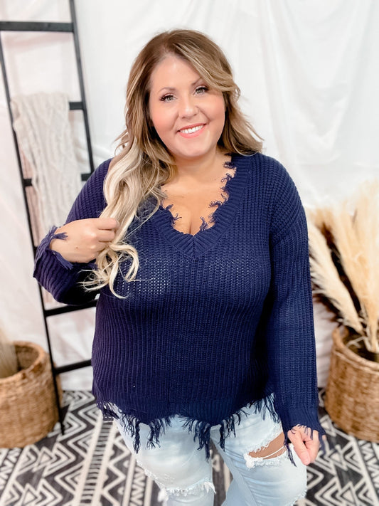Navy Knit Sweater with Fringe Detail - Whiskey Skies