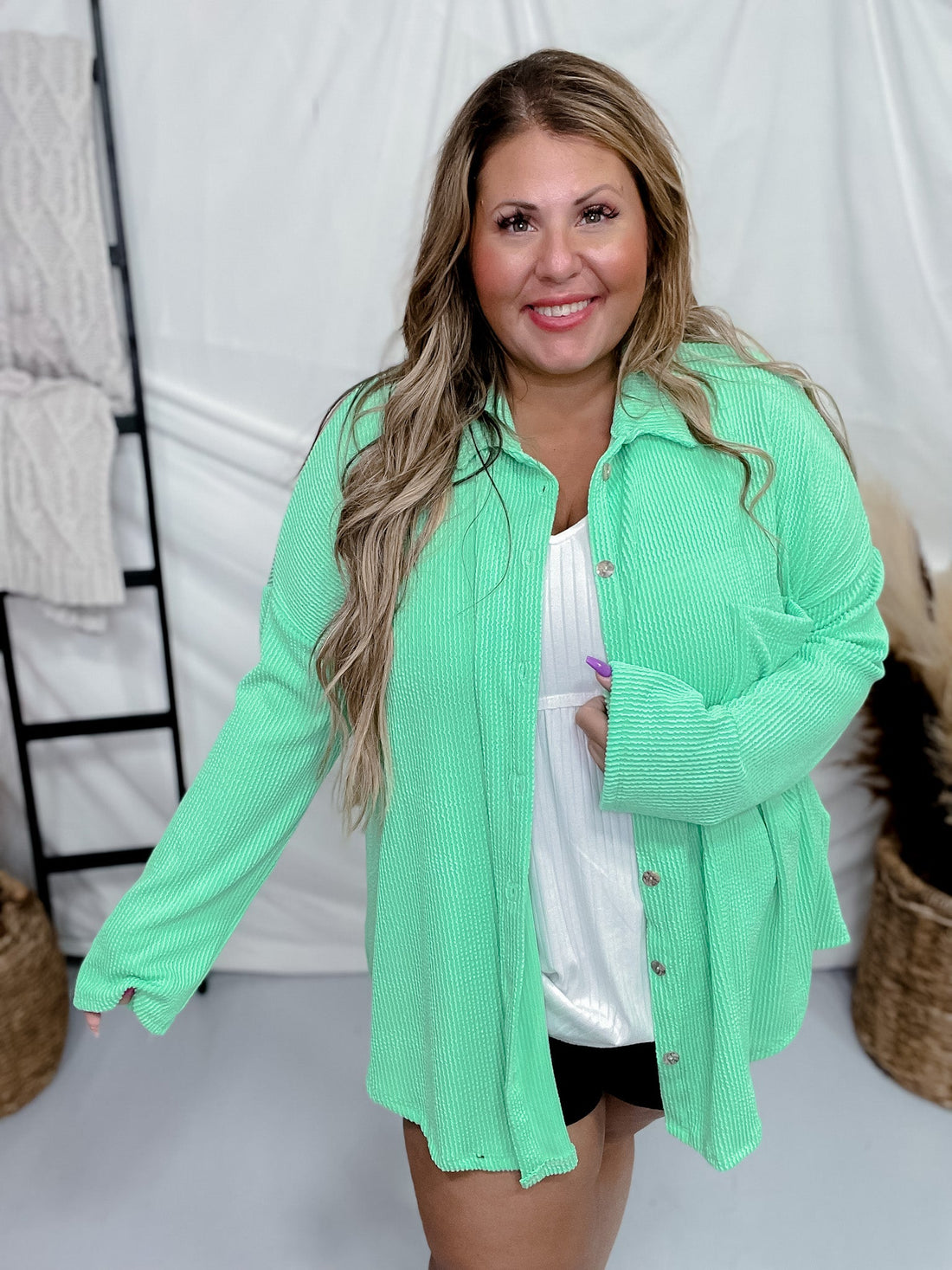 Neon Green Long Sleeve Corded Button Down Shirt - Whiskey Skies