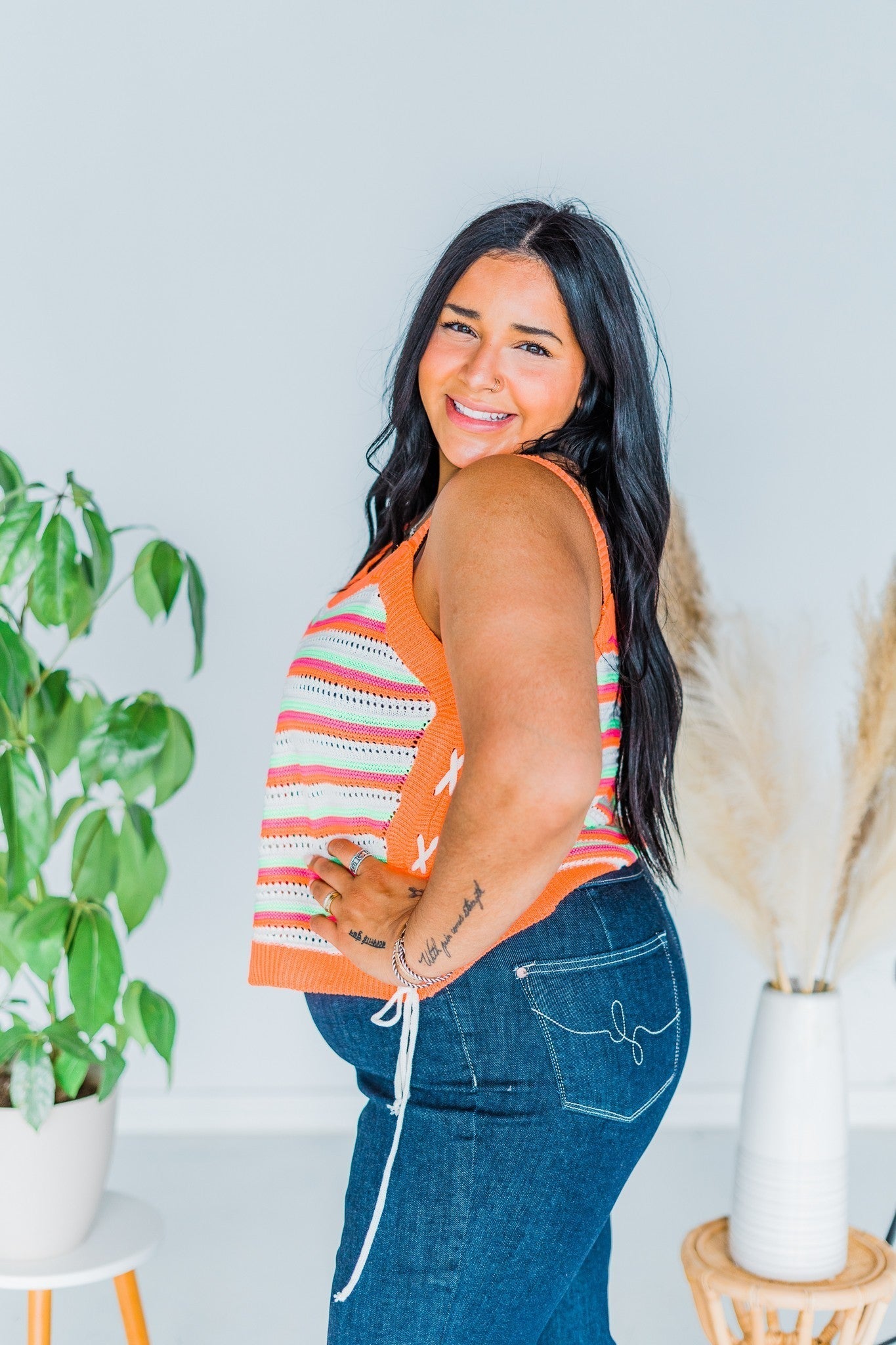 Neon Striped Crochet Side Tie Top - Whiskey Skies
