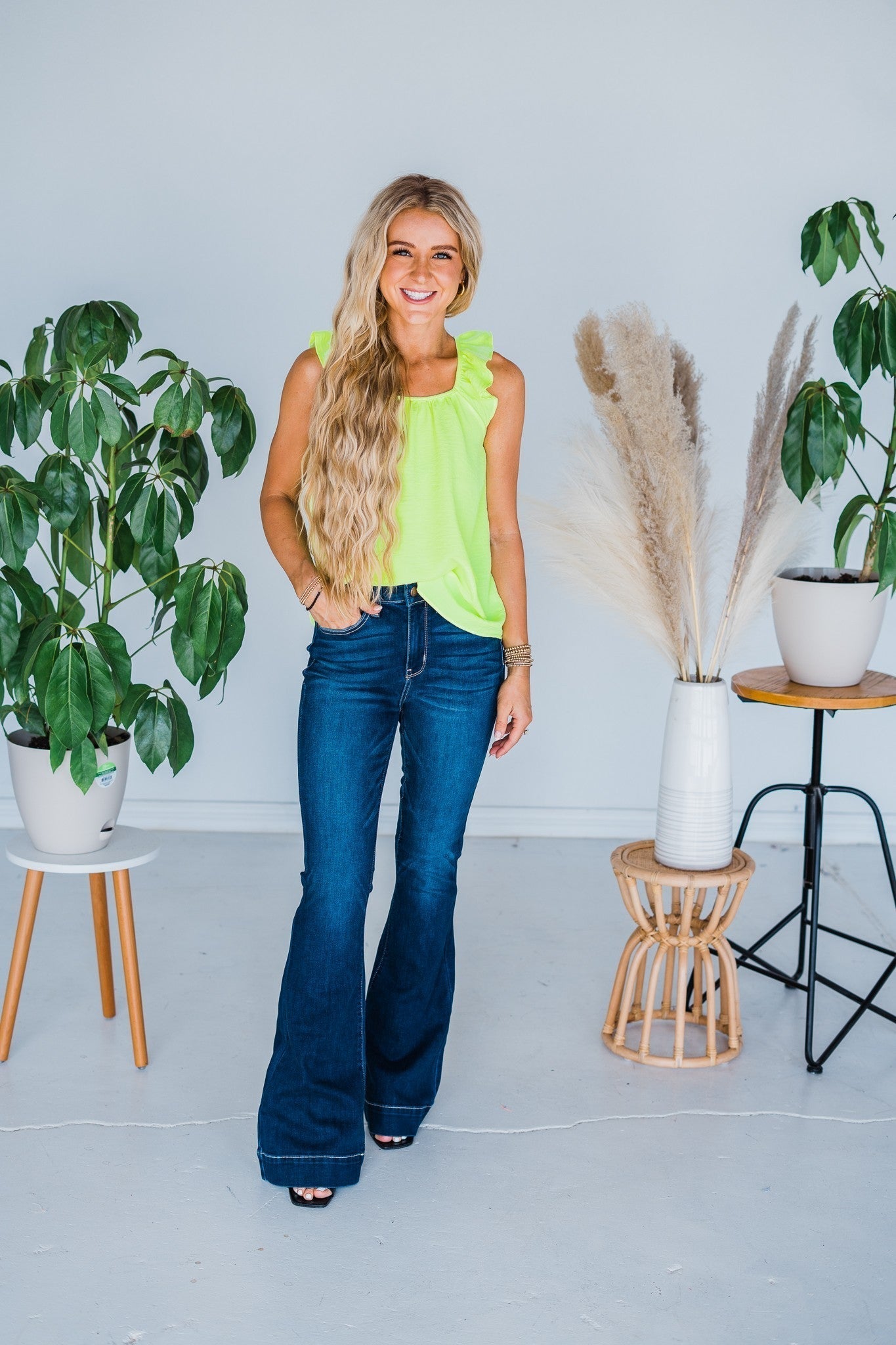 Neon Yellow Sleeveless Top W/ Ruffle Detail - Whiskey Skies