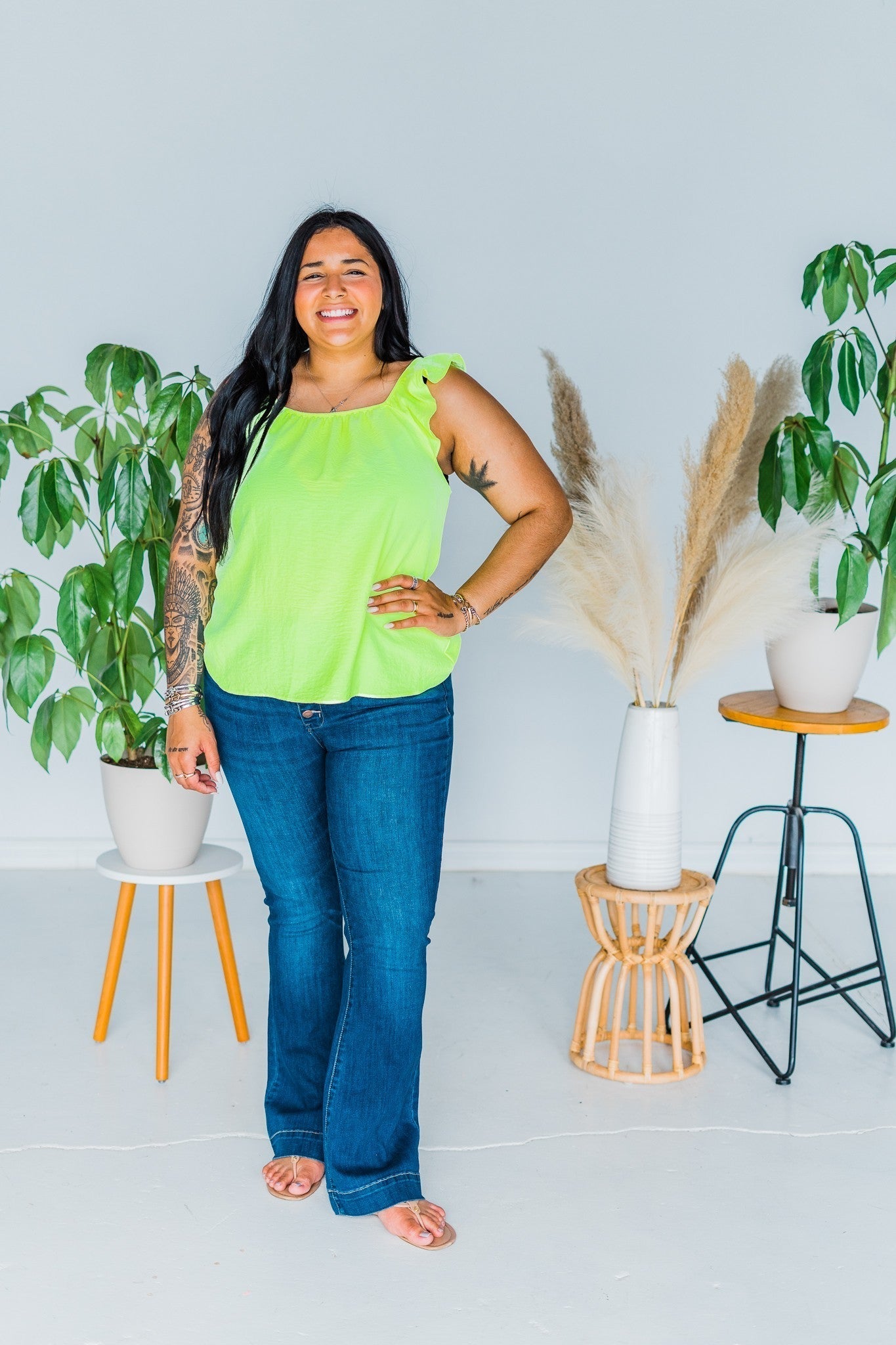 Neon Yellow Sleeveless Top W/ Ruffle Detail - Whiskey Skies