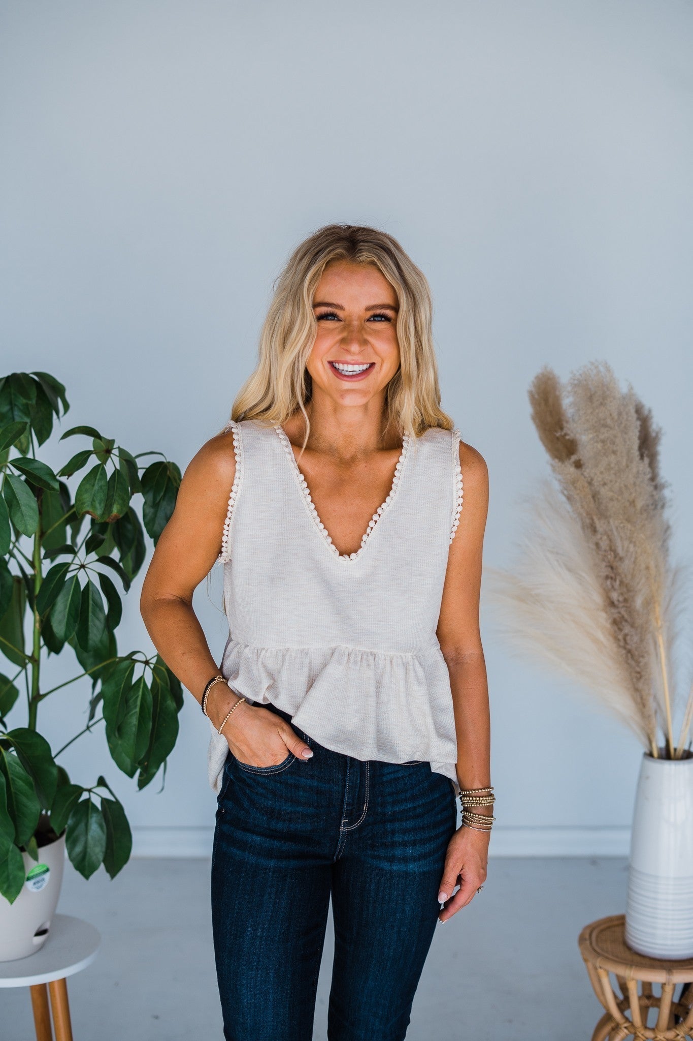 Oatmeal Babydoll Pom Pom Lace Tank Top - Whiskey Skies