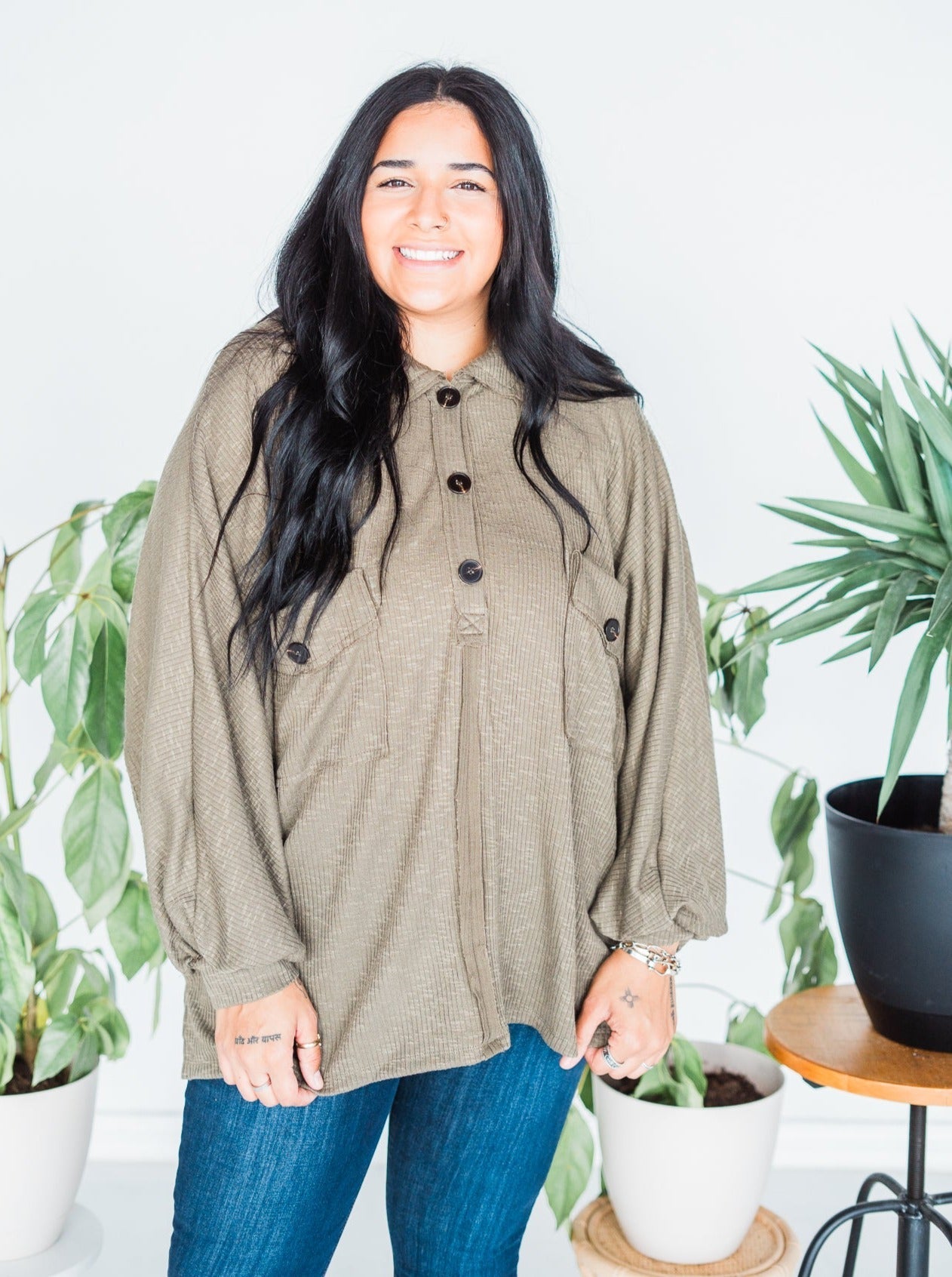 Olive Long Sleeve Batwing Knit Top - Whiskey Skies