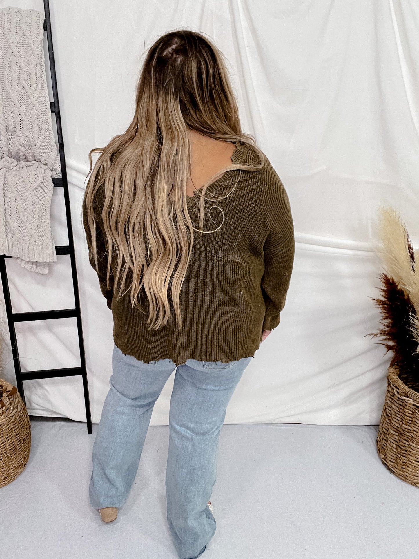 Olive Long Sleeve Distressed Sweater - Whiskey Skies